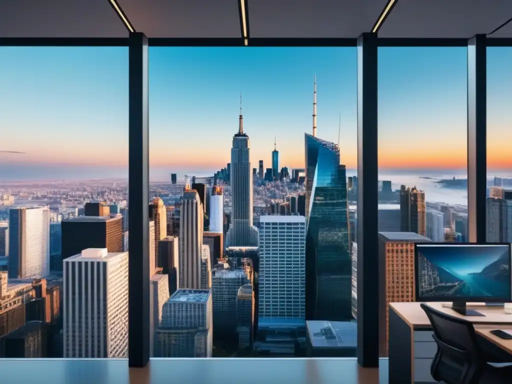 Metrópolis vibrante: oficinas modernas en la era del teletrabajo Impactante ciudad con rascacielos en un cielo azul
