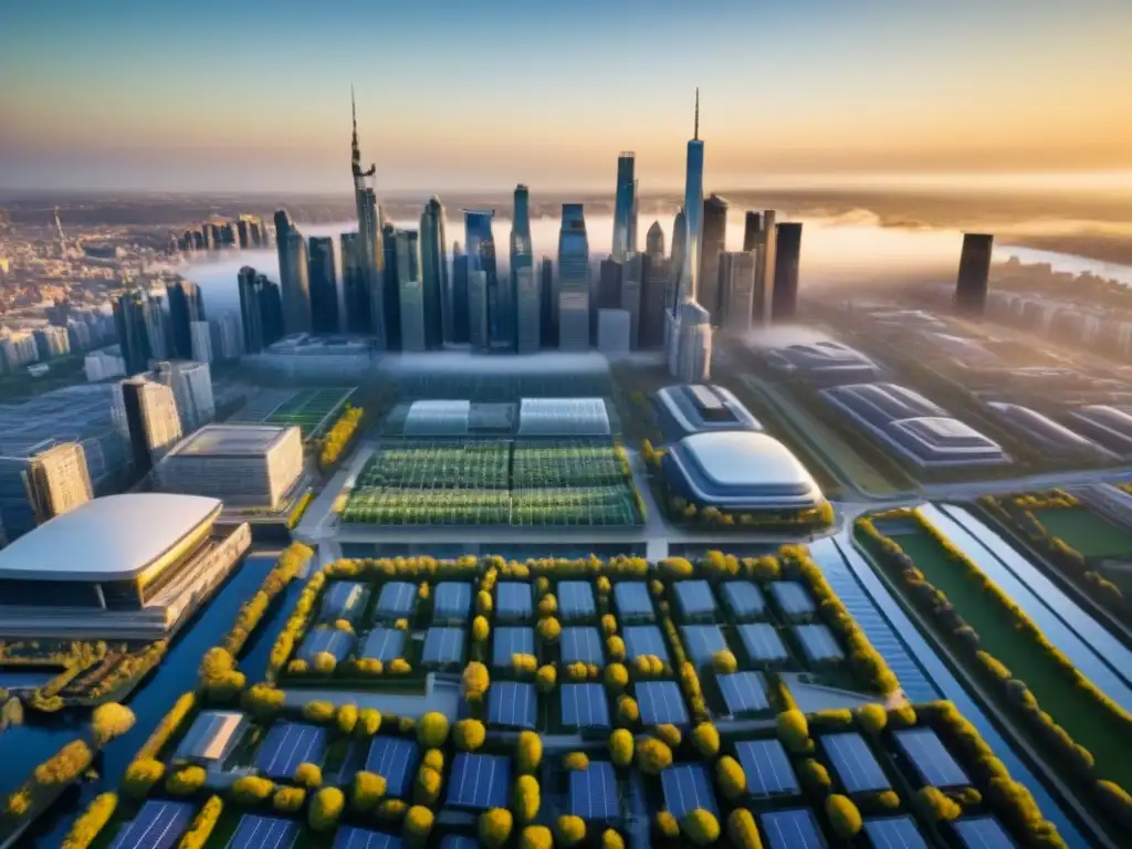 Metrópolis sostenible: LUZ dorada en edificios LEED y BREEAM Impactante ciudad sostenible al atardecer con edificios LEED y BREEAM, resaltando costo certificaciones LEED BREEAM