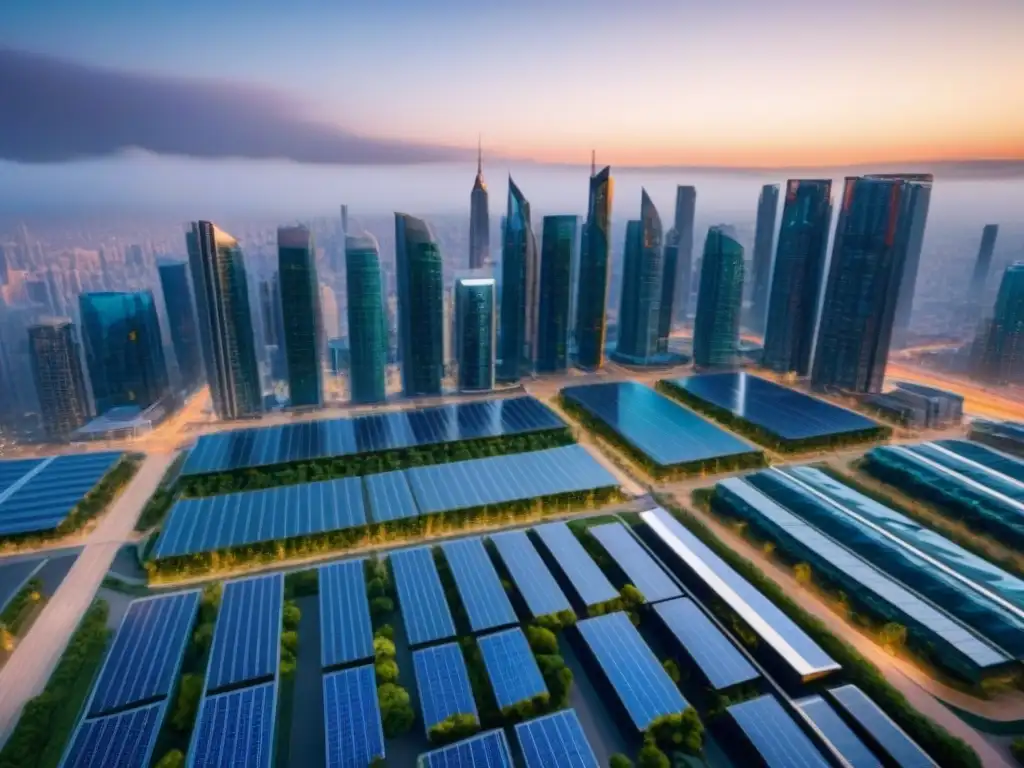 Complejo inmobiliario futurista: evolución tecnológica en la ciudad Impactante complejo comercial futurista con tecnología en bienes raíces comerciales, edificios de vidrio y espacios verdes integrados
