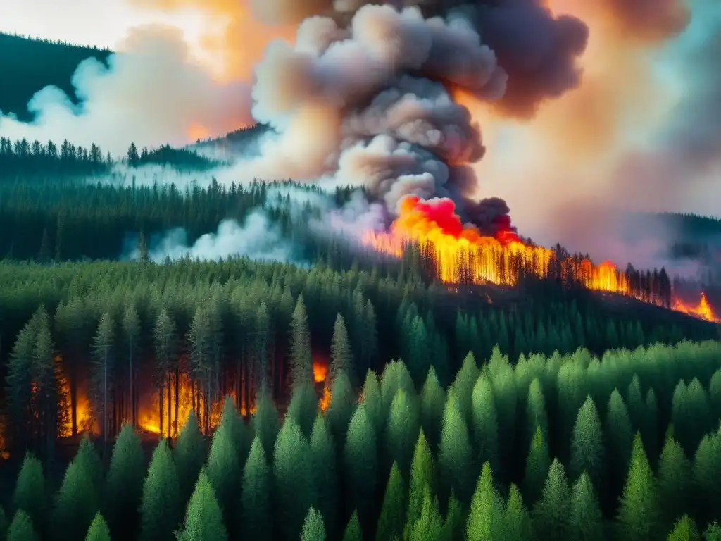 Devastador contraste: incendio forestal en bosque verde Impactante contraste entre bosque verde y fuego avivado