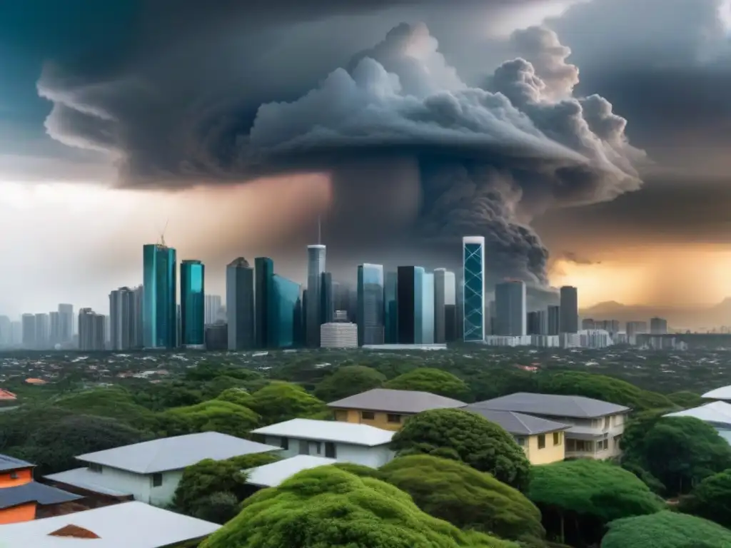 Innovación urbana frente a desastre natural: riesgos inmobiliarios Impactante contraste entre rascacielos y desastre natural, destacando el riesgo inmobiliario por desastres naturales