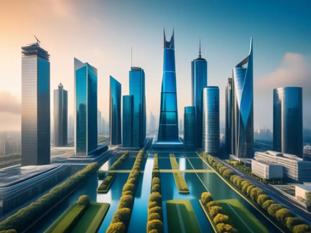 Metropolis del Futuro: Fusiones y Adquisiciones en el Mercado Inmobiliario Impactante fusión de rascacielos en una ciudad futurista, reflejando el crecimiento y transformación urbana