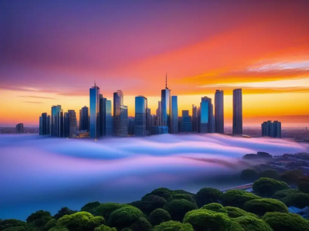 Horizonte urbano moderno: inversión inmobiliaria global en vivienda asequible Impactante horizonte urbano al atardecer reflejando diversidad de rascacielos, simbolizando inversión vivienda asequible mercado volátil
