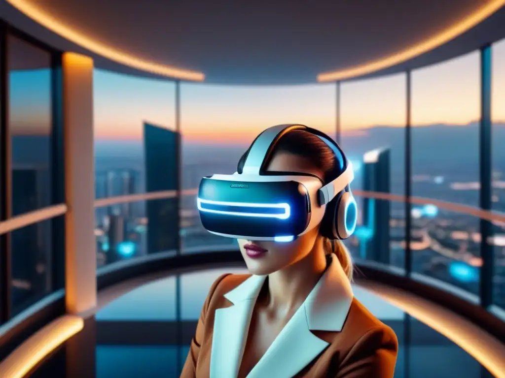 Realidad virtual de lujo en complejo futurista Impactante imagen en 8k de un auricular de realidad virtual flotando en un lujoso complejo residencial digital