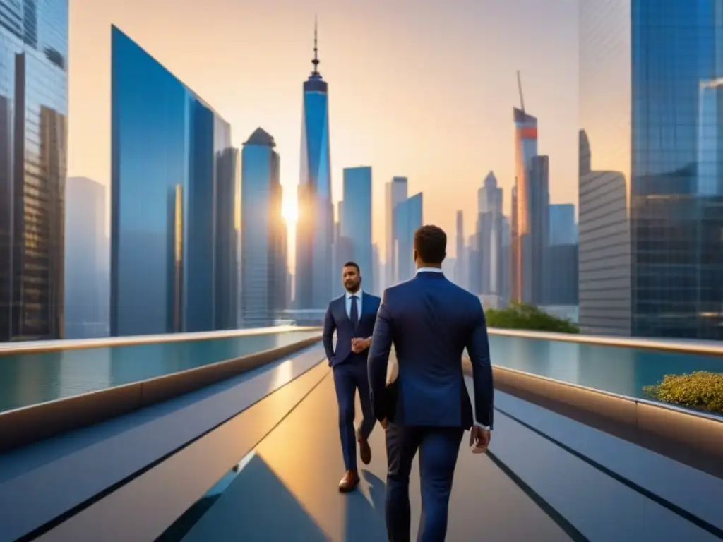 Horizonte urbano moderno al atardecer: negocios globales y progreso Impactante imagen 8k de la ciudad al atardecer, reflejos dorados en rascacielos modernos