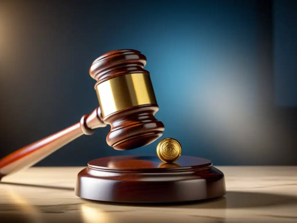 Impacto legal: triunfo en mármol y madera Impactante imagen de gavel golpeando mármol dorado, simbolizando victorias legales bienes raíces internacionales