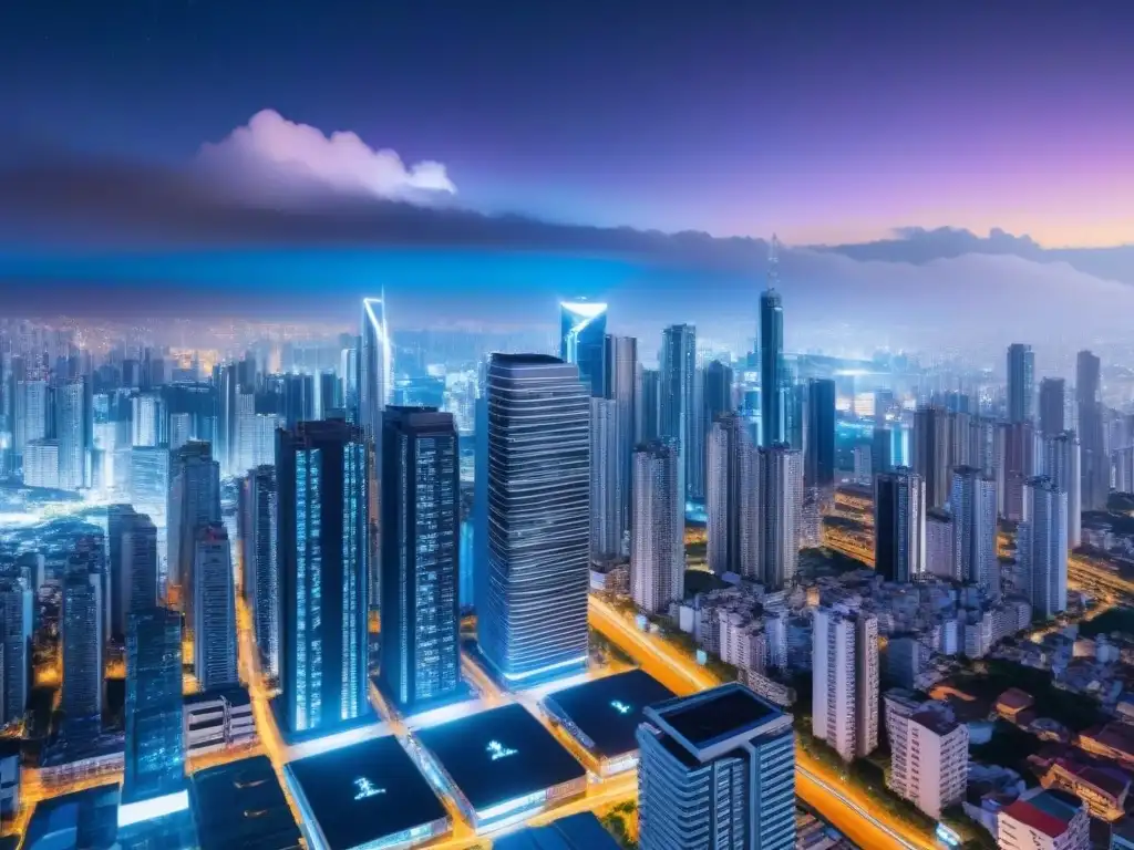 Metrópolis futurista en Latinoamérica: inversión inmobiliaria digital Impactante imagen nocturna de una ciudad futurista en América Latina con tecnología de punta e inversión inmobiliaria
