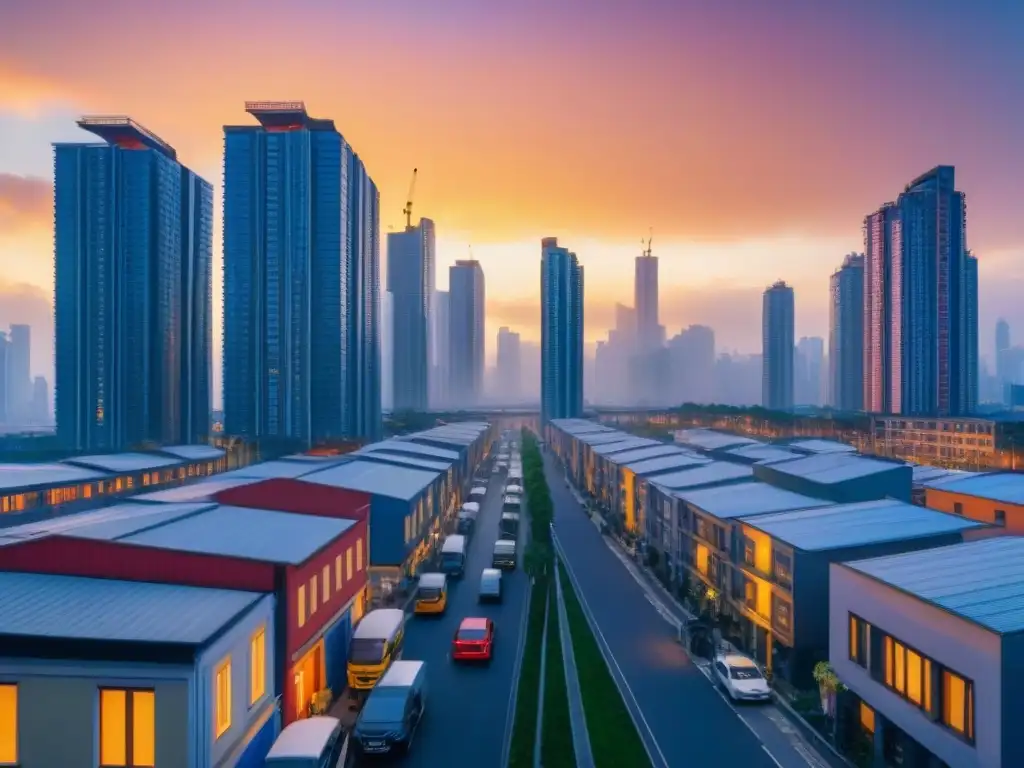 Metrópolis en cambio: impacto de la migración interna en la ciudad Impactante impacto de la migración interna en el mercado inmobiliario, reflejado en la bulliciosa ciudad al atardecer