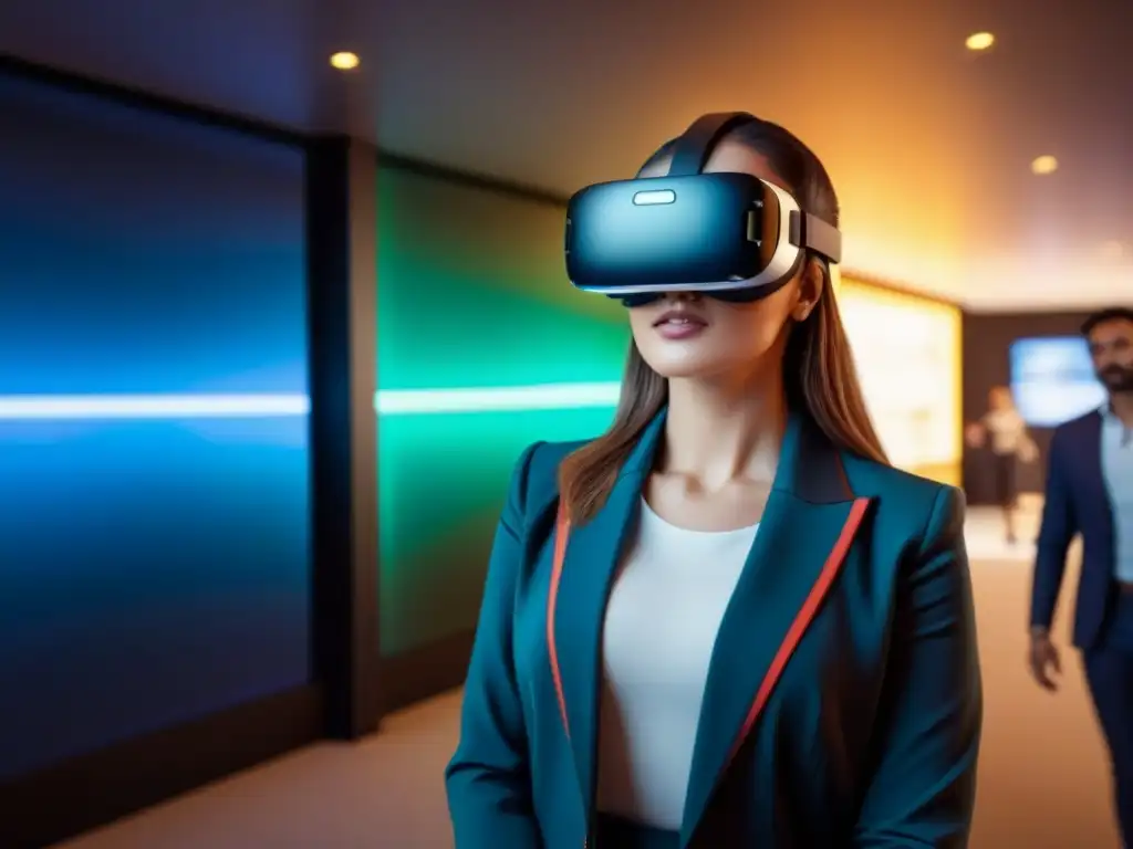 Interfaz de realidad virtual futurista para inversores inmobiliarios Impactante interfaz de realidad virtual con herramientas IA para inversionistas inmobiliarios