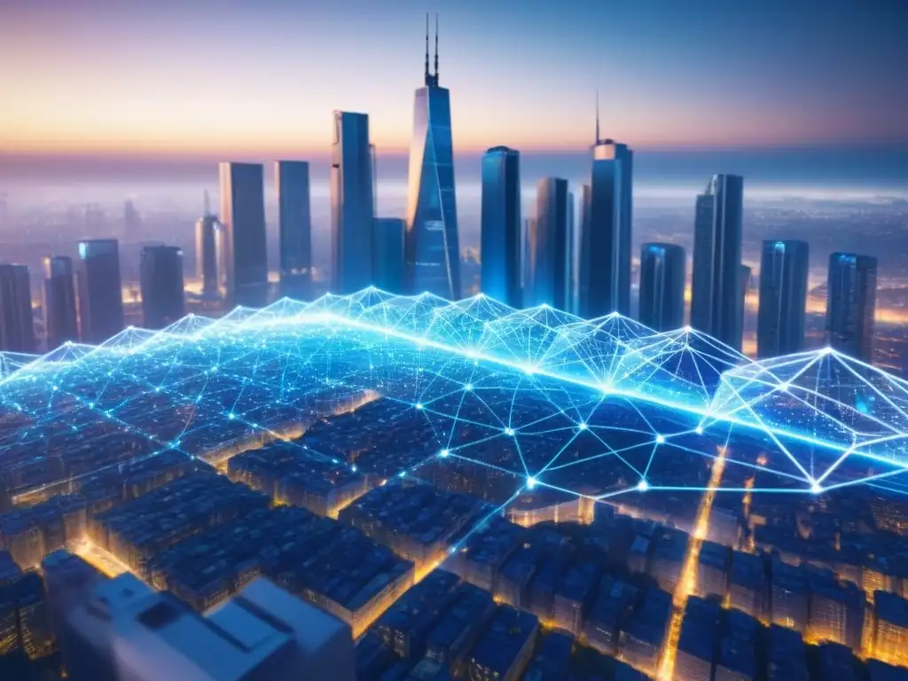 Red de Blockchain iluminada sobre ciudad futurista Impactante ilustración de nodos blockchain en una ciudad futurista, representando el blockchain en crowdfunding inmobiliario
