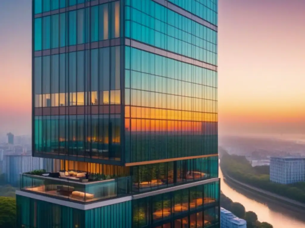 Esplendor urbano: rascacielos moderno en atardecer vibrante Impactante rascacielos moderno reflejando un atardecer vibrante en un río, en contraste con las luces de la ciudad