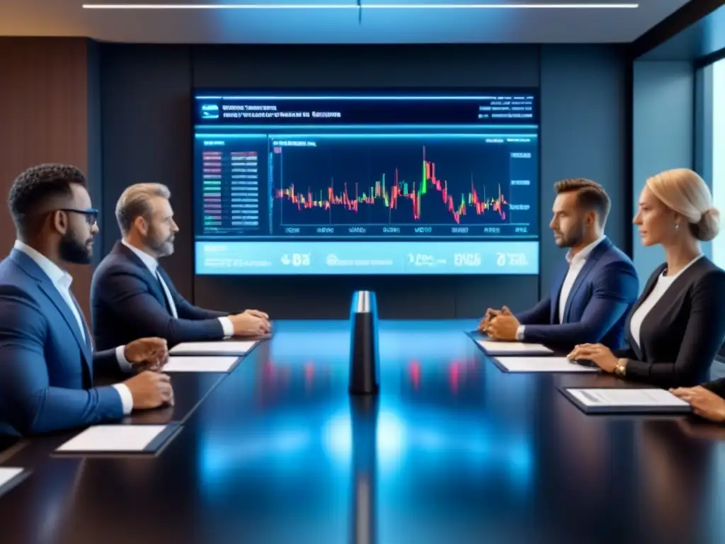 Inversores internacionales en sala de reuniones futurista con tecnología avanzada y gráficos financieros en tiempo real Una impactante reunión de inversionistas en una sala futurista, discutiendo datos financieros mientras analizan gráficos de la bolsa en tiempo real