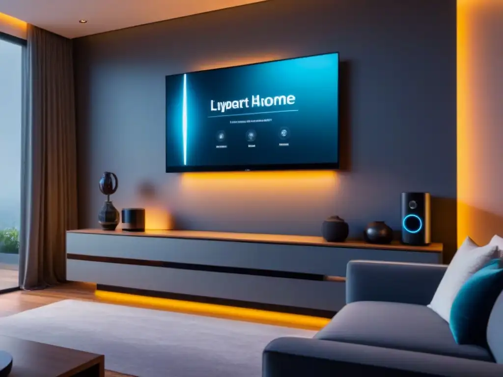 Smart Home Security: Integración Futurista en Sala Moderna Impactante sistema de seguridad tecnológico integrado en elegante sala contemporánea, resaltando sensores y propiedades
