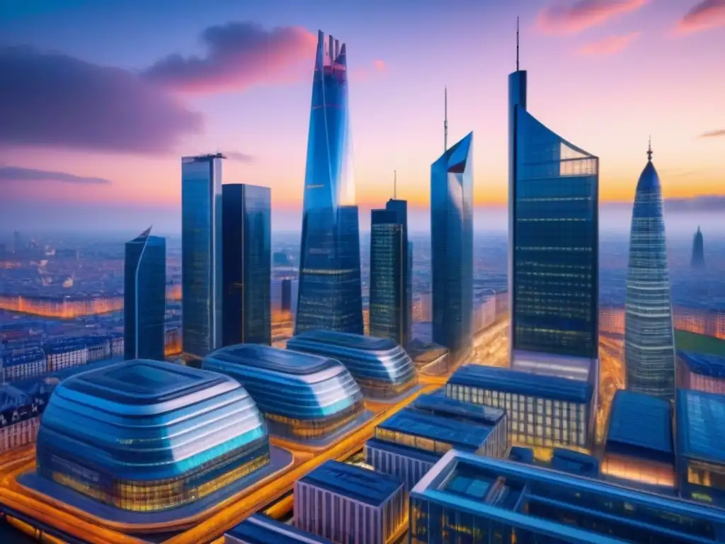Metrópolis europea futurista: armonía entre tradición e innovación Impactante skyline postBrexit, fusiona arquitectura histórica y moderna en una ciudad europea futurista