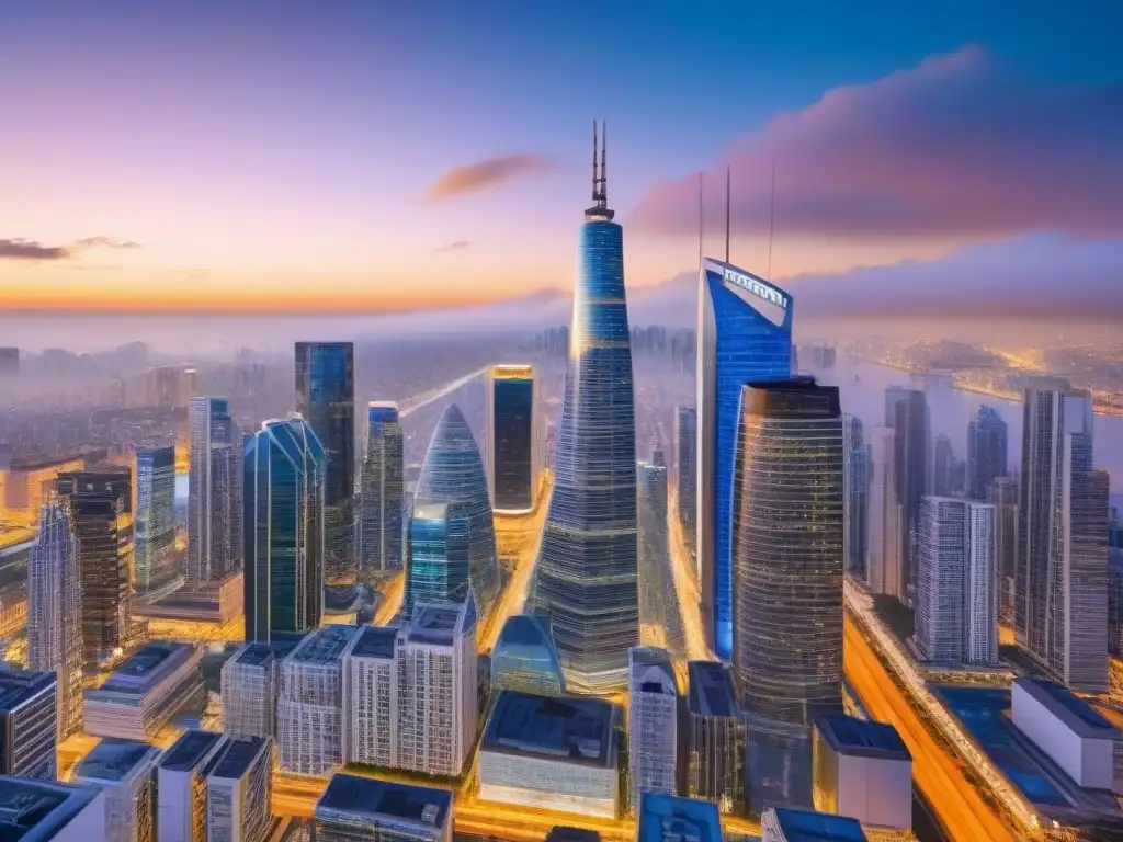 Metrópolis en transformación: fusiones y adquisiciones en el mercado inmobiliario internacional Impactante skyline de ciudad al atardecer con rascacielos reflectantes, simbolizando el impacto de fusiones en mercado inmobiliario internacional