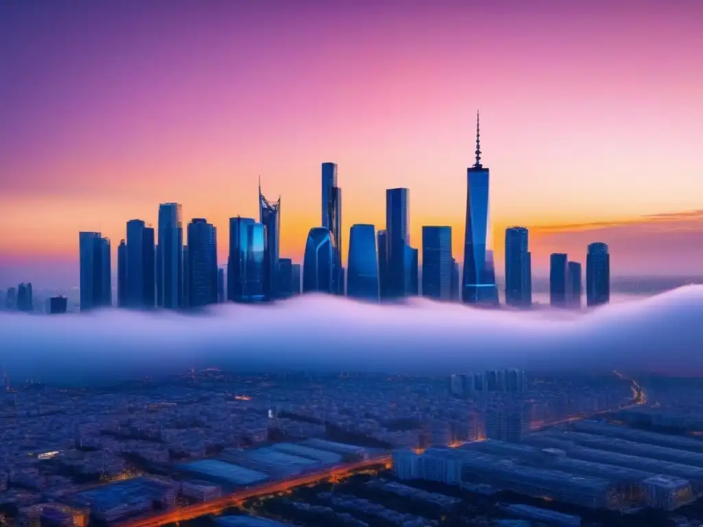 Horizonte futurista: skyline de rascacielos en atardecer épico Impactante skyline futurista al atardecer, representando inversiones inmobiliarias internacionales en crisis