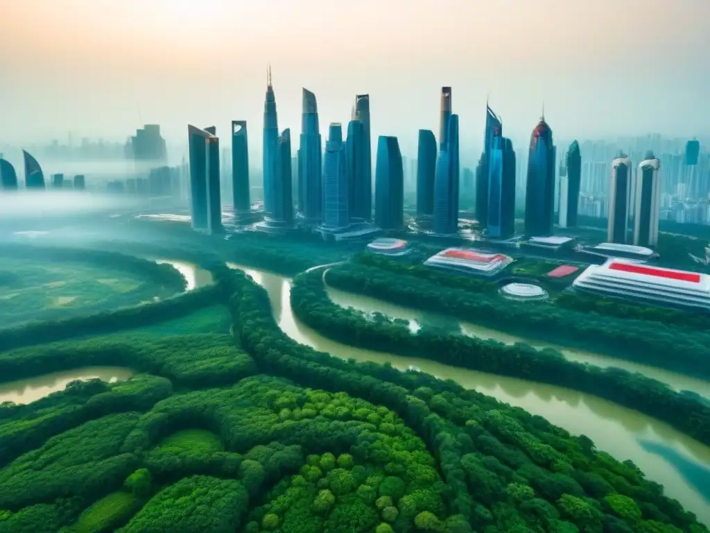 Horizonte futurista: lujo y naturaleza en ciudad asiática Impactante skyline futurista en ciudad asiática, mezcla de rascacielos lujosos con arquitectura vanguardista y naturaleza exuberante