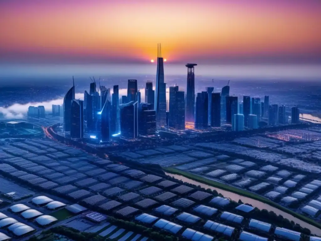 Horizonte futurista: ciudad sostenible en atardecer vibrante Impactante skyline futurista con rascacielos equipados con tecnologías verdes, destacando la sostenibilidad