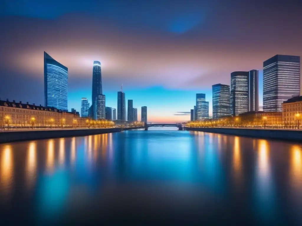 Horizonte futurista: inversión inmobiliaria global Impactante skyline nocturno de ciudad futurista con rascacielos iluminados y un río tranquilo