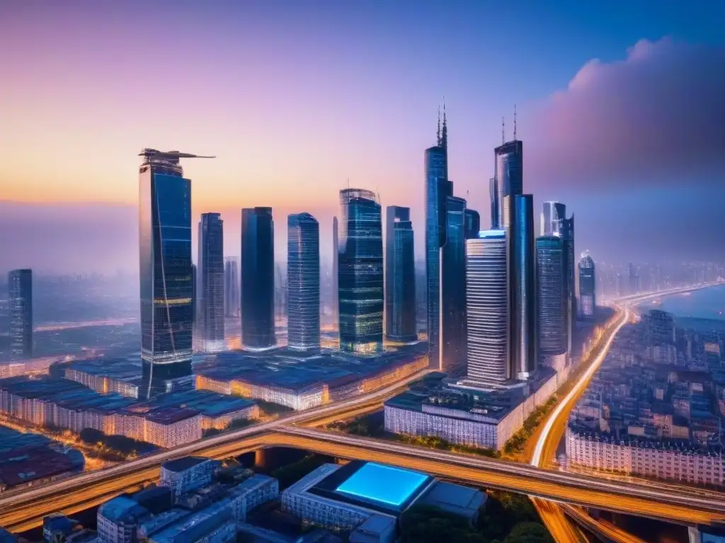 Horizonte nocturno: luces y oportunidades en metrópolis global Impactante skyline nocturno de una ciudad moderna, reflejo del impacto geopolítico en la inversión inmobiliaria global