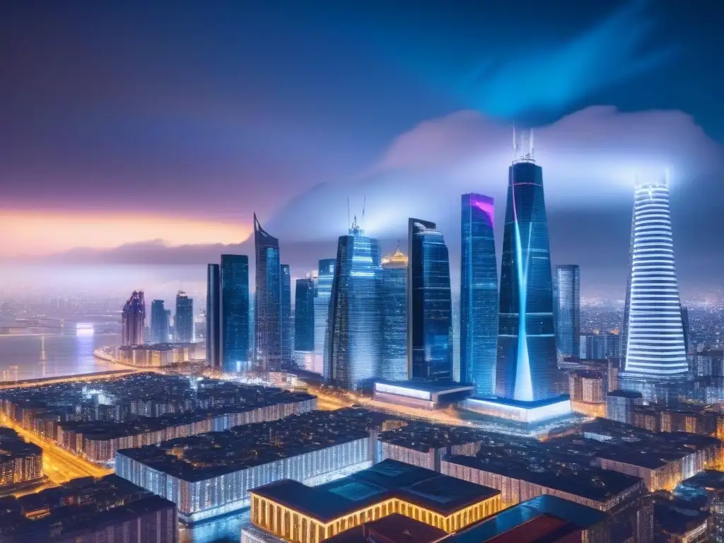 Skyline futurista con rascacielos iluminados y pantallas digitales en tiempo real Impactante skyline nocturno futurista con rascacielos iluminados y pantallas digitales mostrando fluctuaciones cambiarias mercado inmobiliario internacional