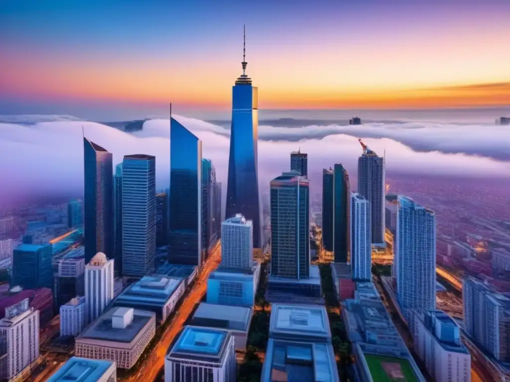 Horizonte urbano al atardecer: metrópolis vibrante y moderna Un impactante skyline urbano al atardecer, reflejando el dinamismo de los mercados emergentes