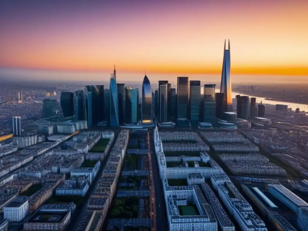 Horizonte urbano al atardecer: Resiliencia postBrexit Impactante skyline urbano al atardecer, reflejando la resiliencia postBrexit en precios propiedad