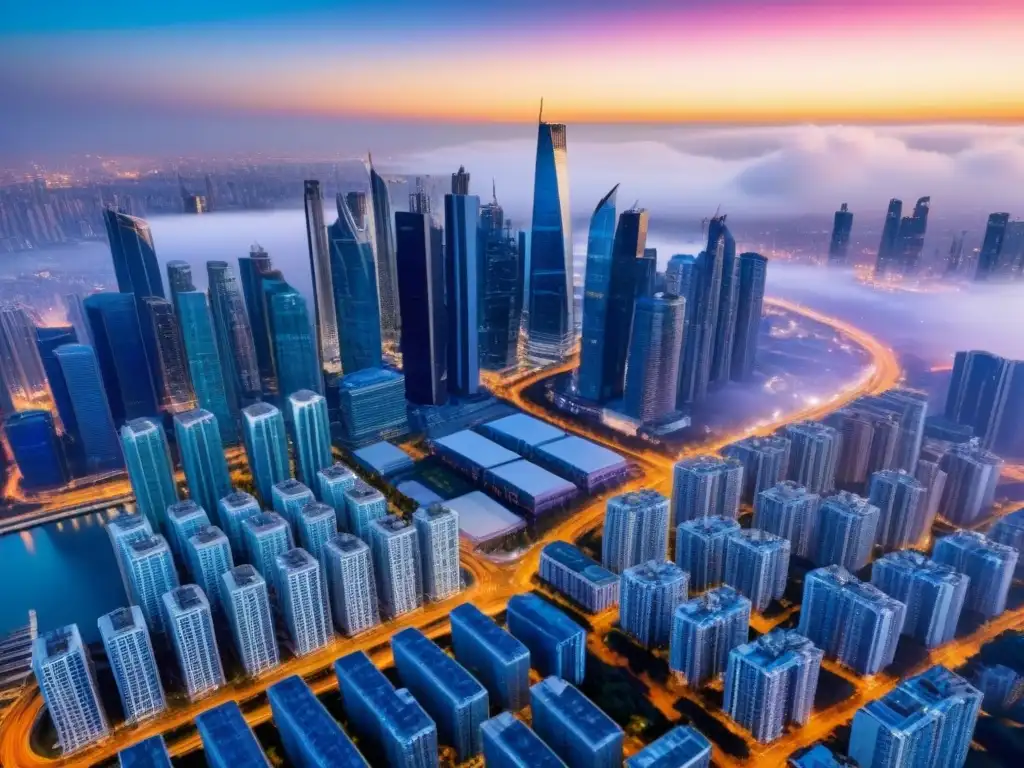 Inversores globales transforman el mercado inmobiliario: impactante vista aérea de ciudad al atardecer Impactante vista aérea de ciudad con rascacielos y edificios residenciales, reflejo de inversores globales mercado vivienda asequible