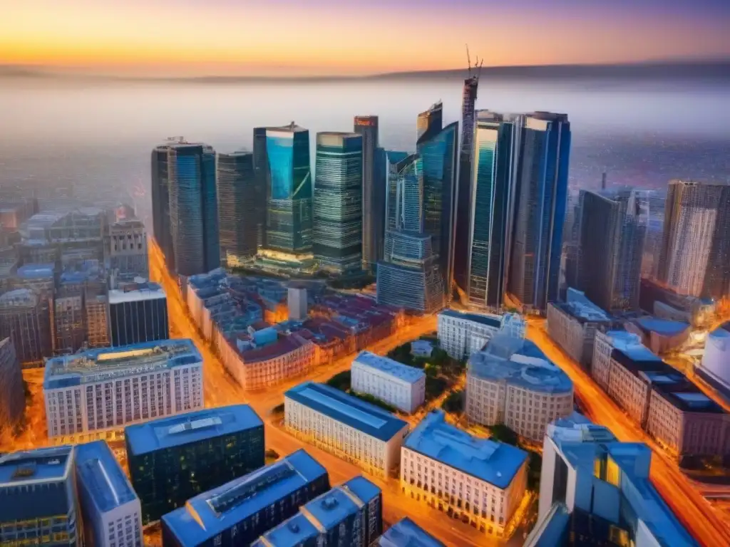 Renovación urbana: ciudad histórica y moderna en transformación Una impactante vista aérea de una ciudad dinámica en reconversión, con edificios históricos y modernos, calles llenas de gente y tráfico