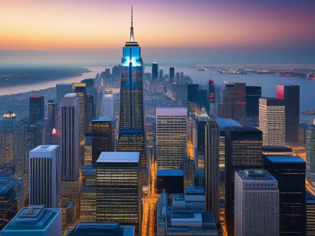 Metrópolis global: evolución dinámica del mercado inmobiliario Una impactante vista de la ciudad con rascacielos modernos, reflejando fusiones y adquisiciones inmobiliarias globales