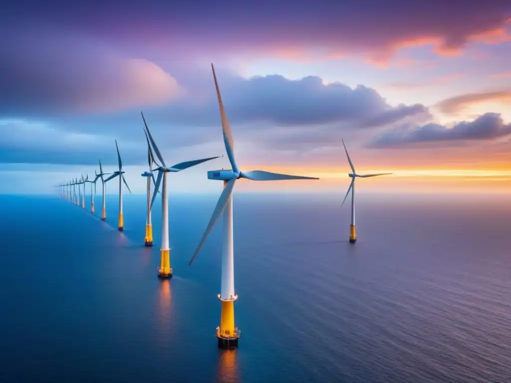 Espectacular granja eólica marina al atardecer: energía renovable en acción Impactante vista de megaconstrucciones en Hornsea, Reino Unido, mostrando la inversión en energía renovable al atardecer sobre el mar