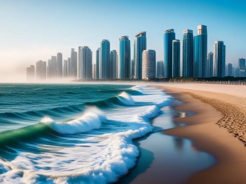 Horizonte costero moderno: armonía entre ciudad y mar Impactante vista urbana en la costa, reflejos solares en altos edificios junto al mar cristalino