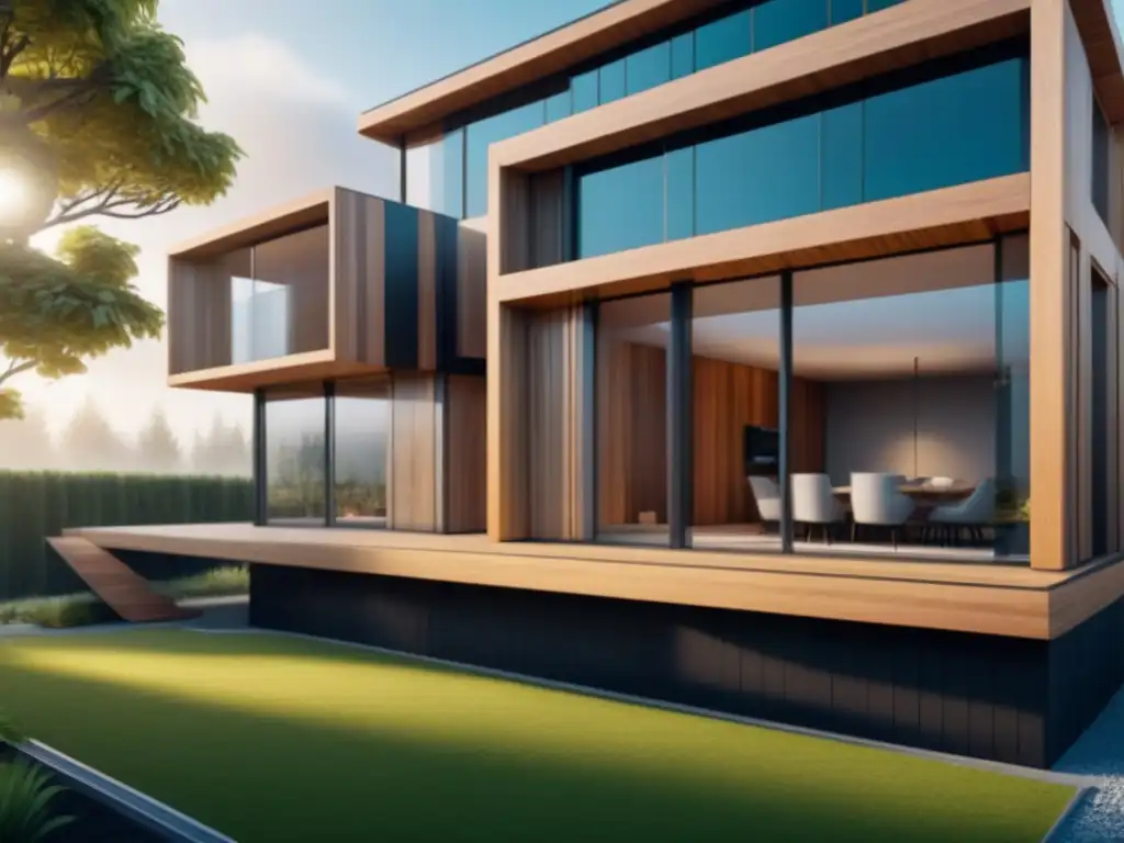 Edificio ecoinnovador de madera sostenible Una impactante visualización arquitectónica de un edificio moderno de madera sostenible