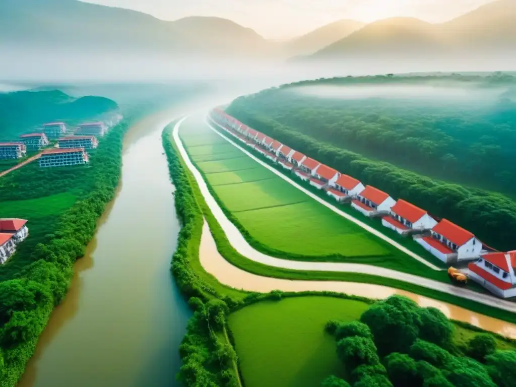 Contraste impactante: urbanización vs Impacto ambiental de desarrollos inmobiliarios: contraste entre urbanización y naturaleza en un proyecto rodeado de bosque y río contaminado