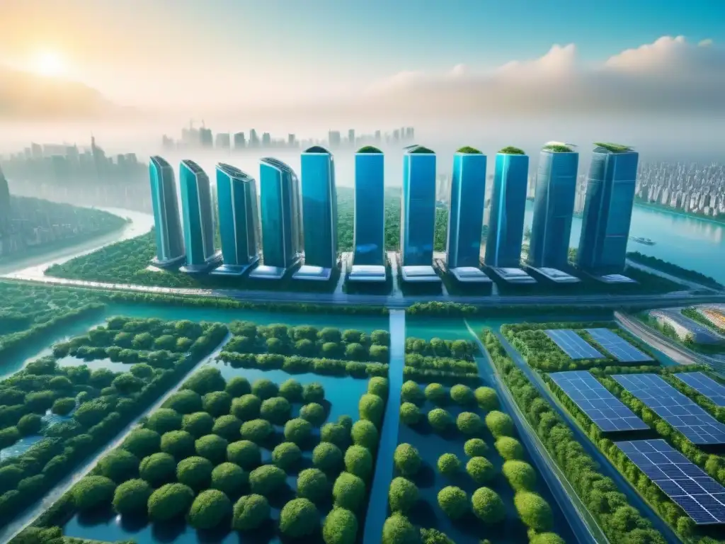 Metrópolis futurista sostenible: ciencia ficción eco-friendly Impacto ambiental en inversión inmobiliaria internacional: Futurista ciudad eco-friendly con rascacielos sostenibles y naturaleza integrada