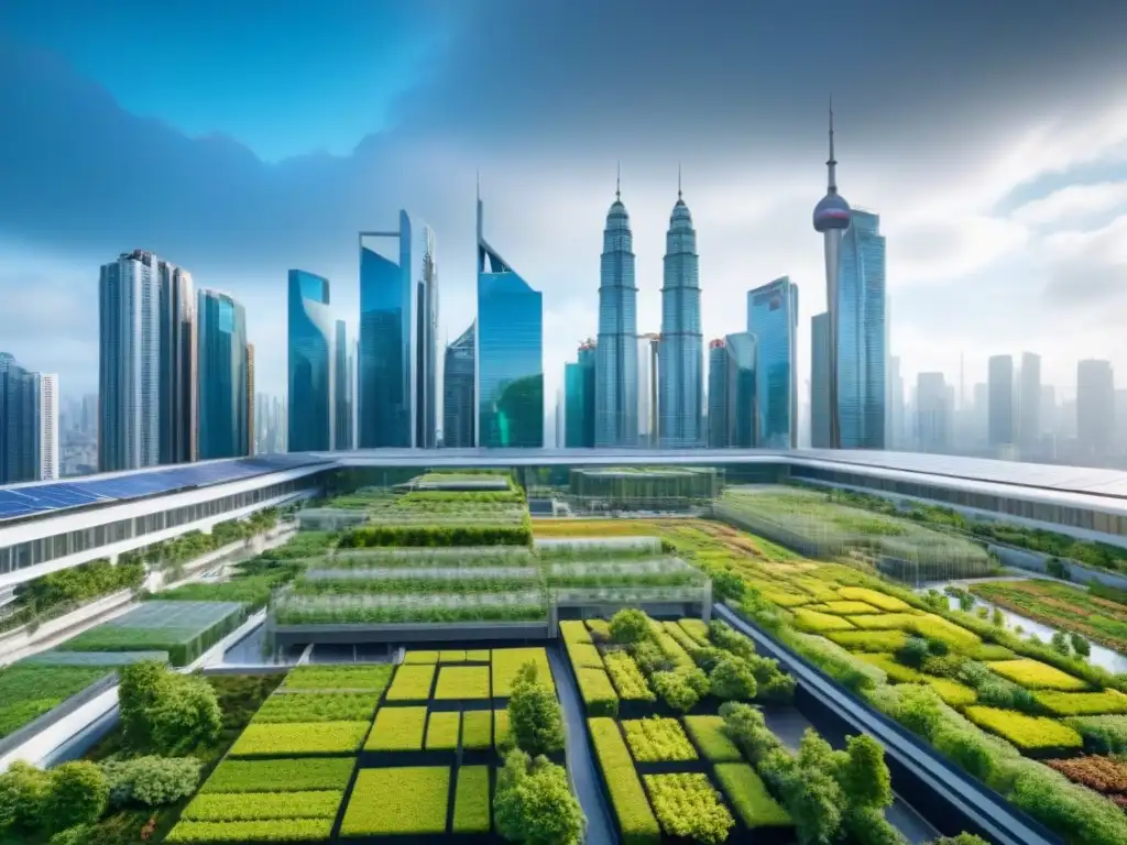 Metrópolis del futuro: arquitectura sostenible y verde Impacto ambiental en la inversión inmobiliaria internacional: ciudad futurista con edificios sostenibles y jardines verticales
