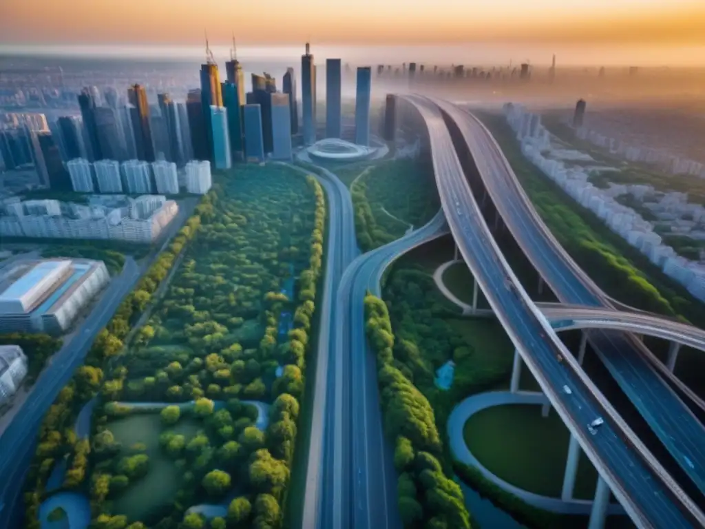Contraste urbano-natural: metrópolis y naturaleza en armonía Impacto ambiental de megaconstrucciones en una metrópolis, con rascacielos y naturaleza