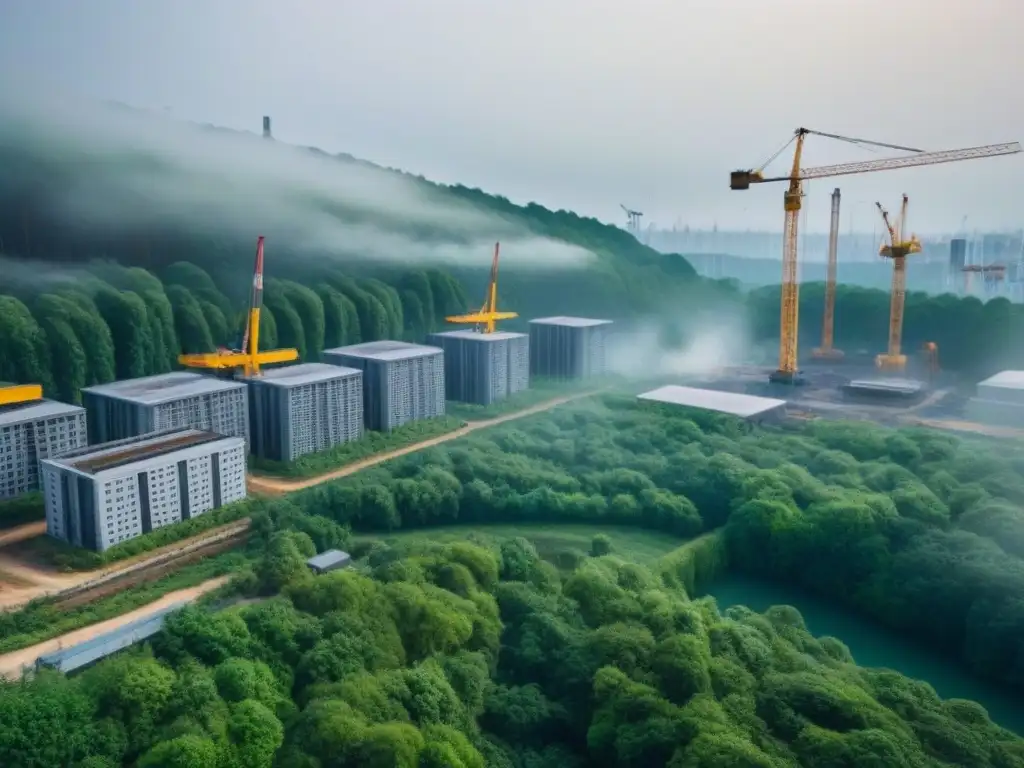 Contraste impactante: Bosque verde invadido por construcciones urbanas Impacto ambiental: bosque verde invadido por desarrollos inmobiliarios