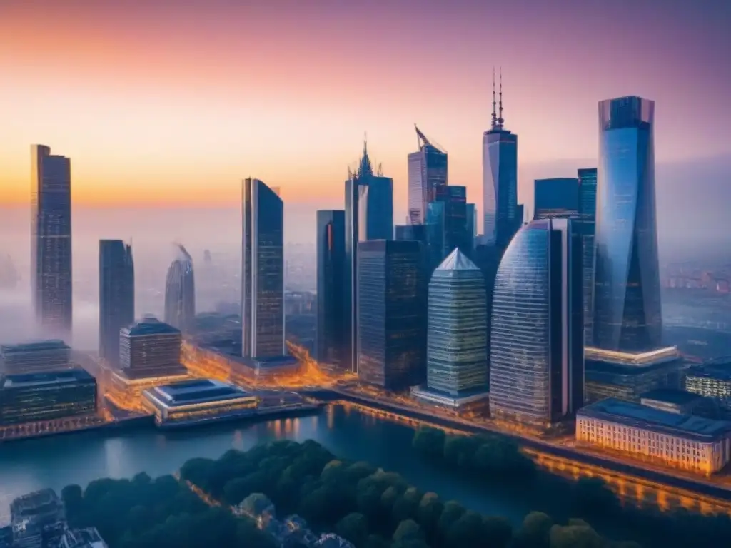 Cityscape al atardecer: impacto de Brexit en inversiones inmobiliarias Impacto del Brexit en la inversión inmobiliaria global: vibrante ciudad al anochecer con arquitectura histórica y moderna iluminada
