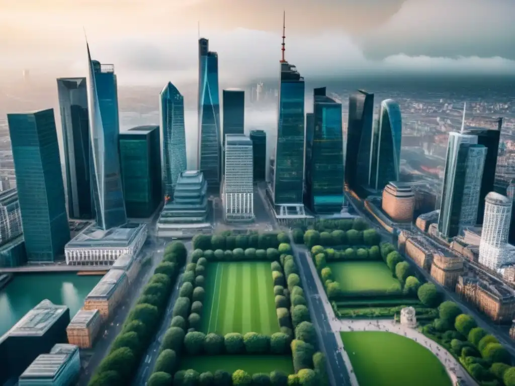 Impacto global de Brexit en inversión inmobiliaria Impacto del Brexit en la inversión inmobiliaria global: Vista aérea de un distrito financiero con rascacielos modernos y arquitectura tradicional