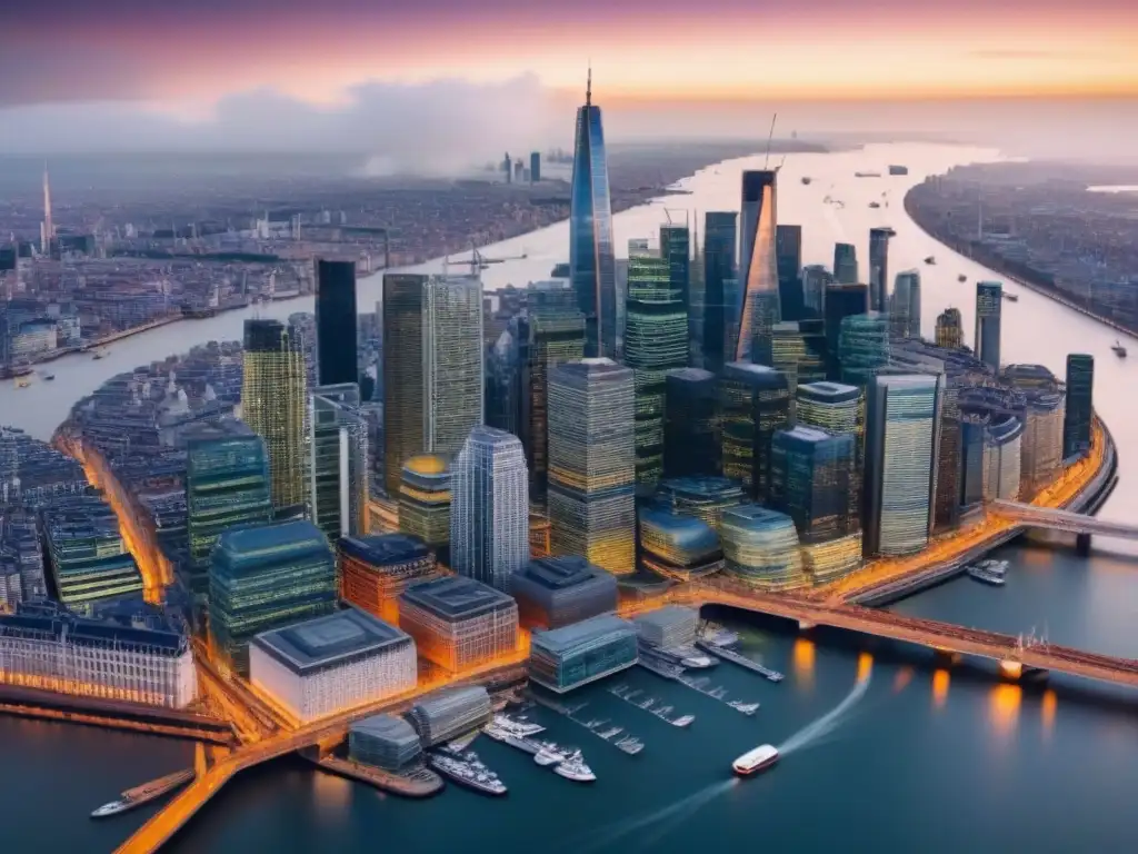 Inversión inmobiliaria global post-Brexit Impacto del Brexit en la inversión inmobiliaria global: ilustración detallada y moderna de un mapa mundial con ciudades destacadas y edificios representativos