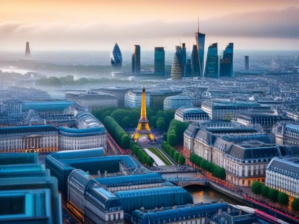Horizonte europeo: arquitectura icónica y finanzas en evolución Impacto del Brexit en la inversión inmobiliaria en Europa: una vista de una ciudad europea moderna con arquitectura histórica y contemporánea, incluyendo la Torre Eiffel, el London Eye y la Puerta de Brandeburgo en el fondo