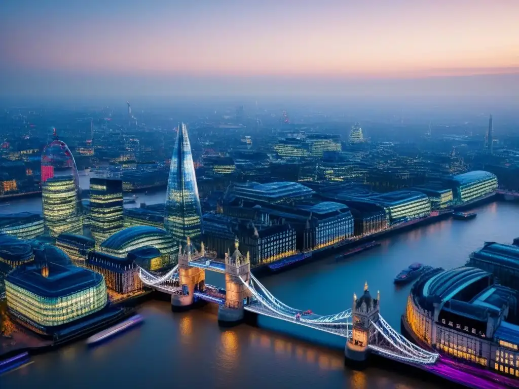 Panorámica nocturna de Londres: luces y contrastes Impacto del Brexit en el mercado inmobiliario de Londres: vista aérea de la ciudad al anochecer con emblemáticos edificios iluminados