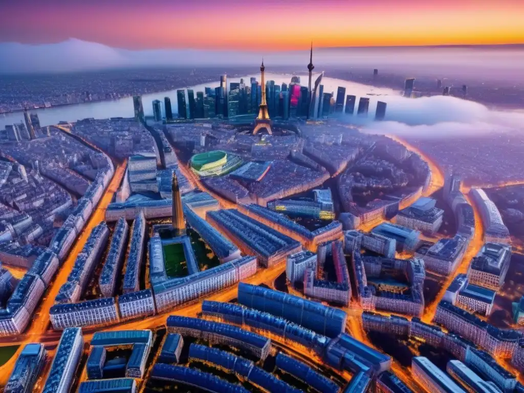 Horizonte europeo: fusión histórica y futurista al atardecer Impacto del Brexit en el mercado inmobiliario europeo: vista aérea detallada de la ciudad europea, mezclando historia y modernidad al atardecer