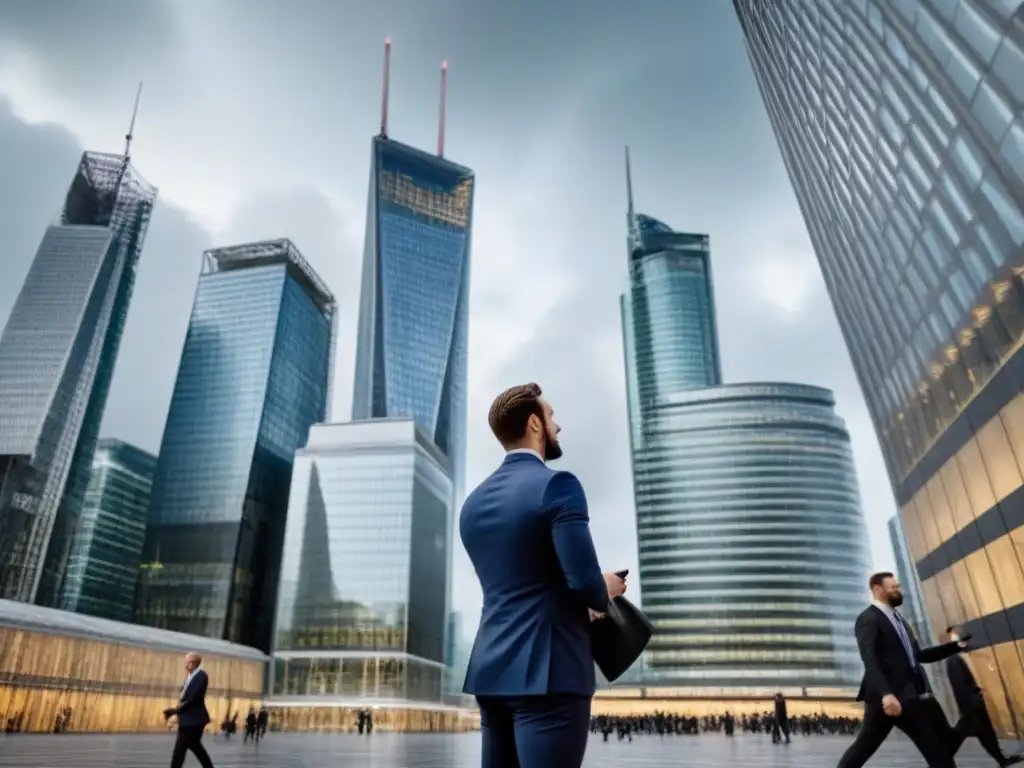 Horizonte financiero europeo: modernidad y negocios bajo un cielo dramático Impacto Brexit mercado inmobiliario: Modernos rascacielos en una ciudad europea, ejecutivos ocupados bajo un cielo dramático