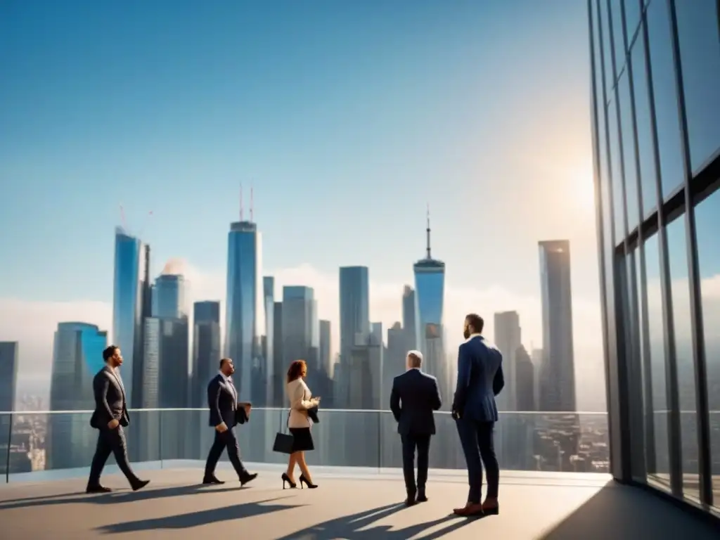 Skyline moderno y profesionales en ciudad norteamericana postBrexit Impacto del Brexit en el mercado inmobiliario de Norteamérica: modernos rascacielos y profesionales en ajetreo empresarial