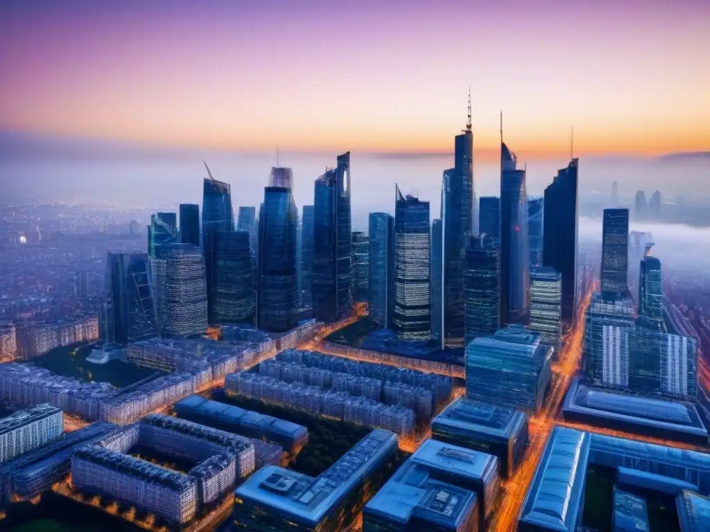 Metrópolis nocturna: real estate dinámico post-Brexit Impacto del Brexit en el mercado inmobiliario: una metrópolis moderna iluminada al anochecer, con profesionales debatiendo en primer plano