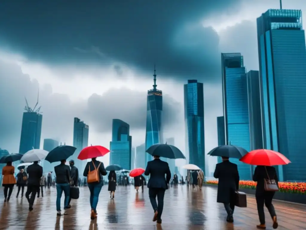 Skyline urbano en la tormenta: arquitectura europea y modernos rascacielos Impacto del Brexit en el mercado inmobiliario: ciudad bulliciosa con rascacielos modernos y arquitectura europea bajo un cielo tormentoso