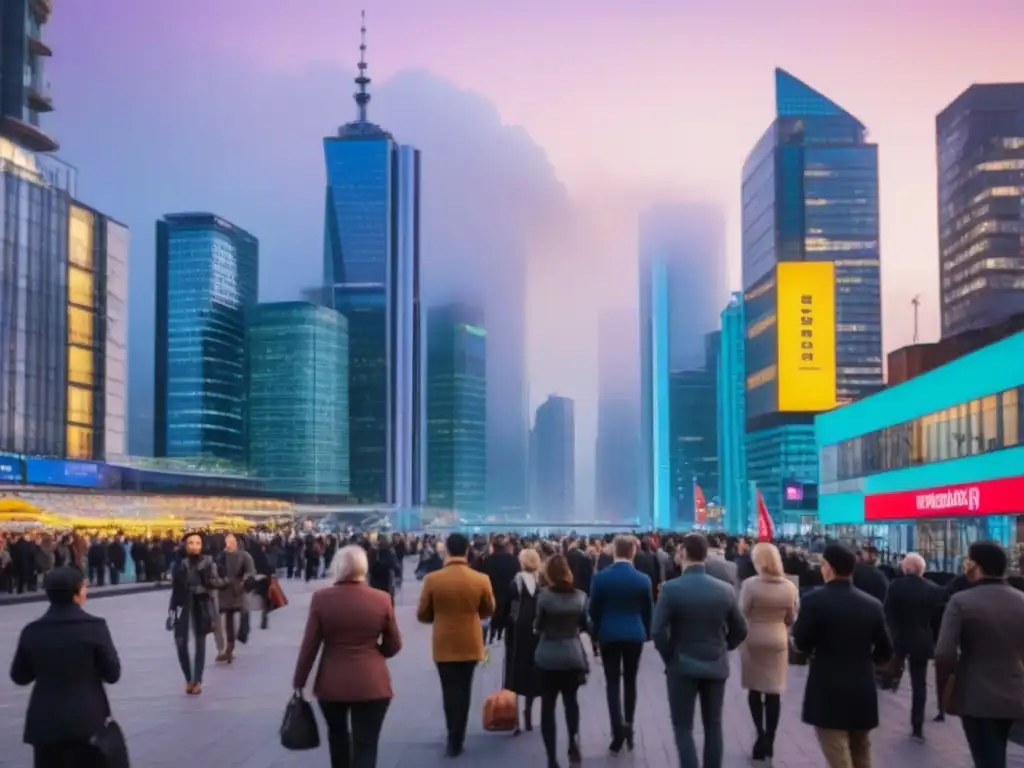 Vida urbana al atardecer: impacto de Brexit en mercado inmobiliario Impacto del Brexit en el mercado inmobiliario: vibrante ciudad al anochecer, con rascacielos iluminados y gente en las calles