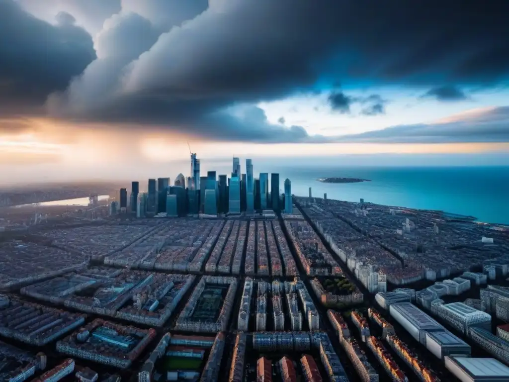 Contrastes urbanos: Brexit y precios inmobiliarios Impacto del Brexit en precios de propiedad: contraste entre distrito financiero y zona residencial bajo cielo dramático